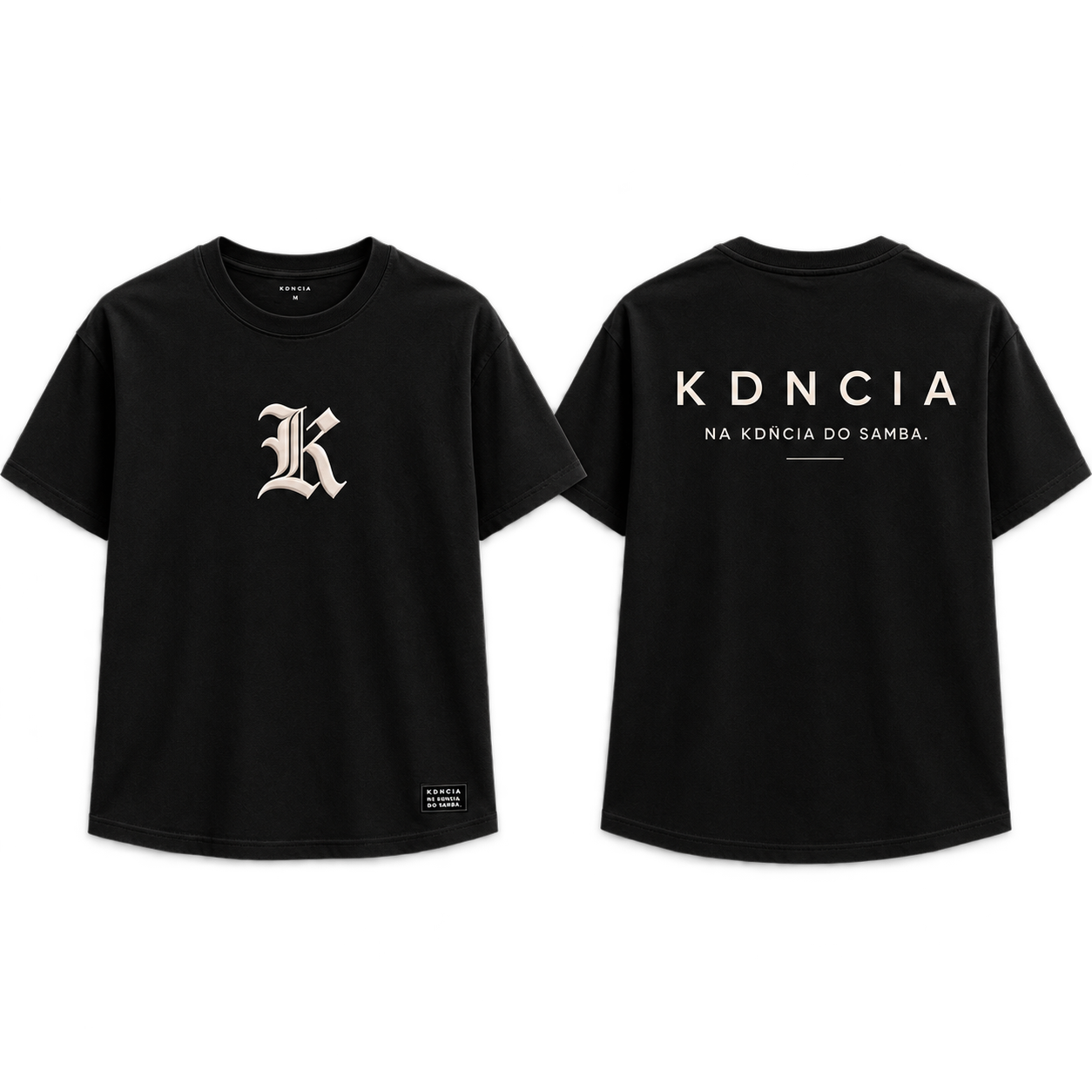 Camiseta KDNCIA ORIGEM preta, frente e costas