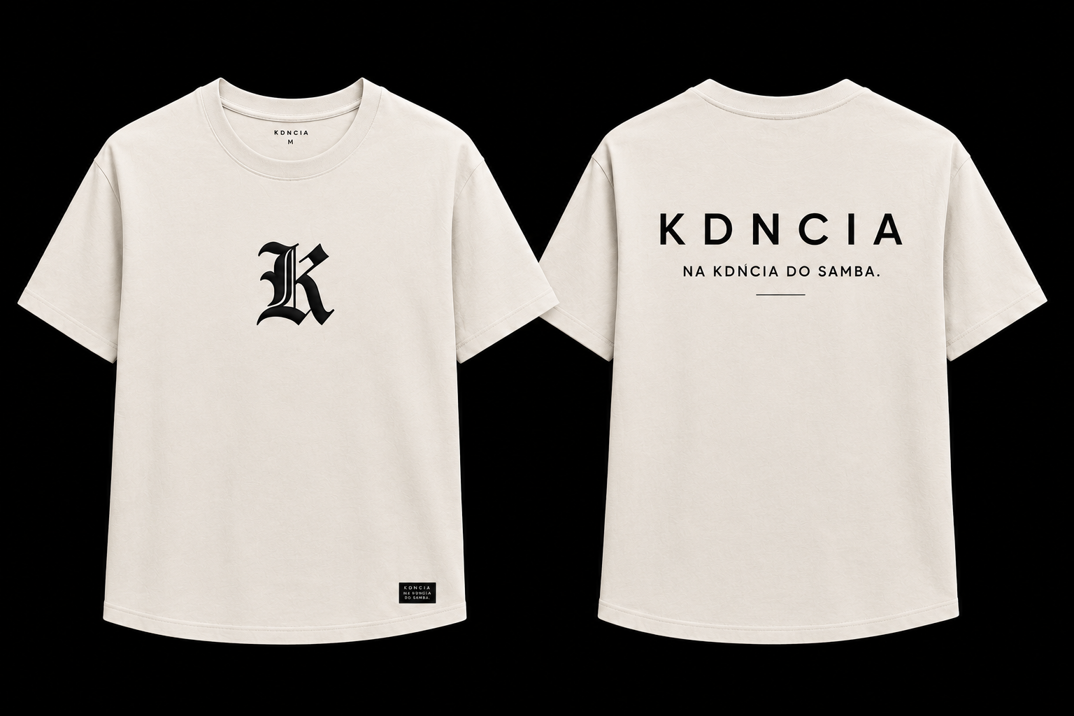 Camiseta KDNCIA ORIGEM off-white, frente e costas